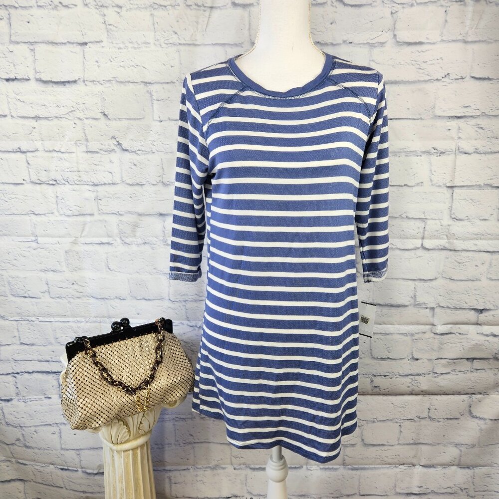 NWT Moa Moa Size Small Blue/Ivory Striped 3/4 Sleeve Knit Short Dress Tunic